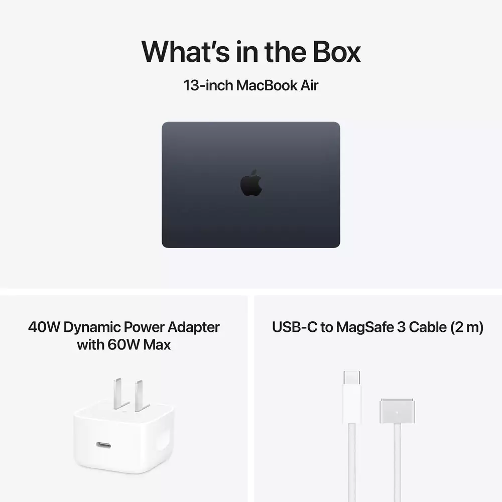 Комплектация MacBook Air 13: ноутбук, адаптер 40 Вт и кабель MagSafe 3