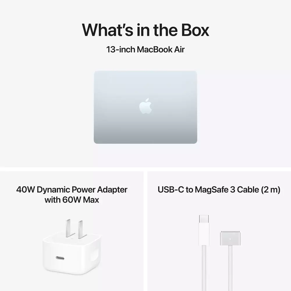 Комплектация MacBook Air 13: ноутбук, адаптер 40 Вт и кабель MagSafe 3