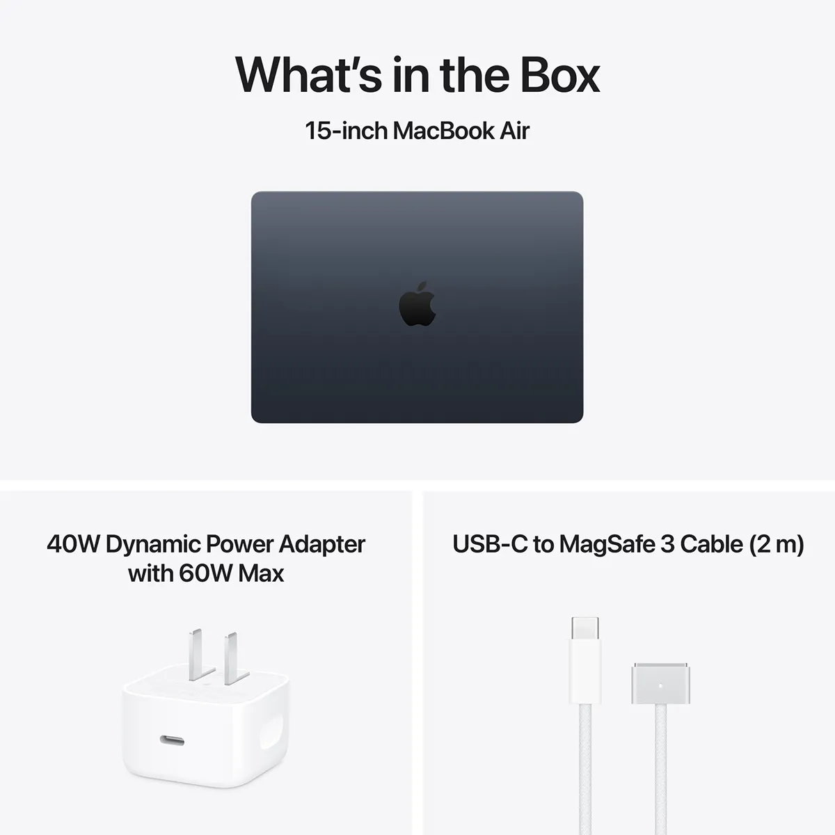 Комплектация MacBook Air 15: ноутбук, адаптер 40 Вт и кабель MagSafe 3
