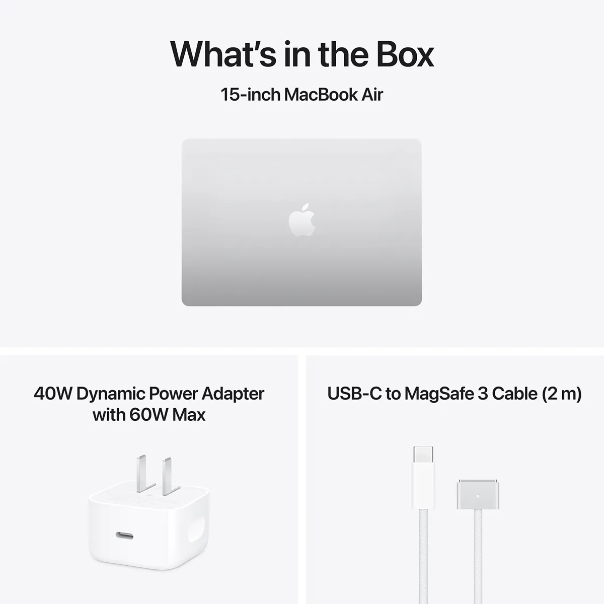 Комплектация MacBook Air 15: ноутбук, адаптер 40 Вт и кабель MagSafe 3