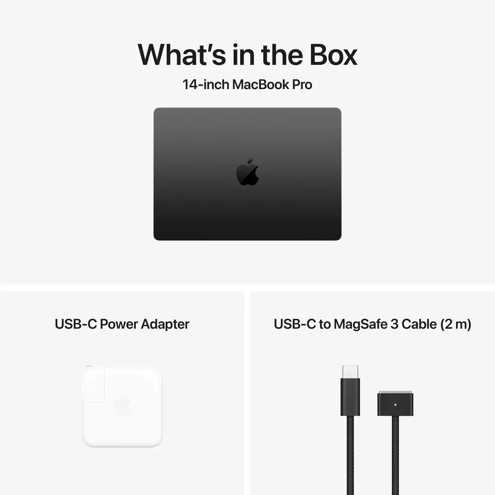 Комплектация MacBook Pro 14: ноутбук, адаптер 70 Вт и кабель MagSafe 3