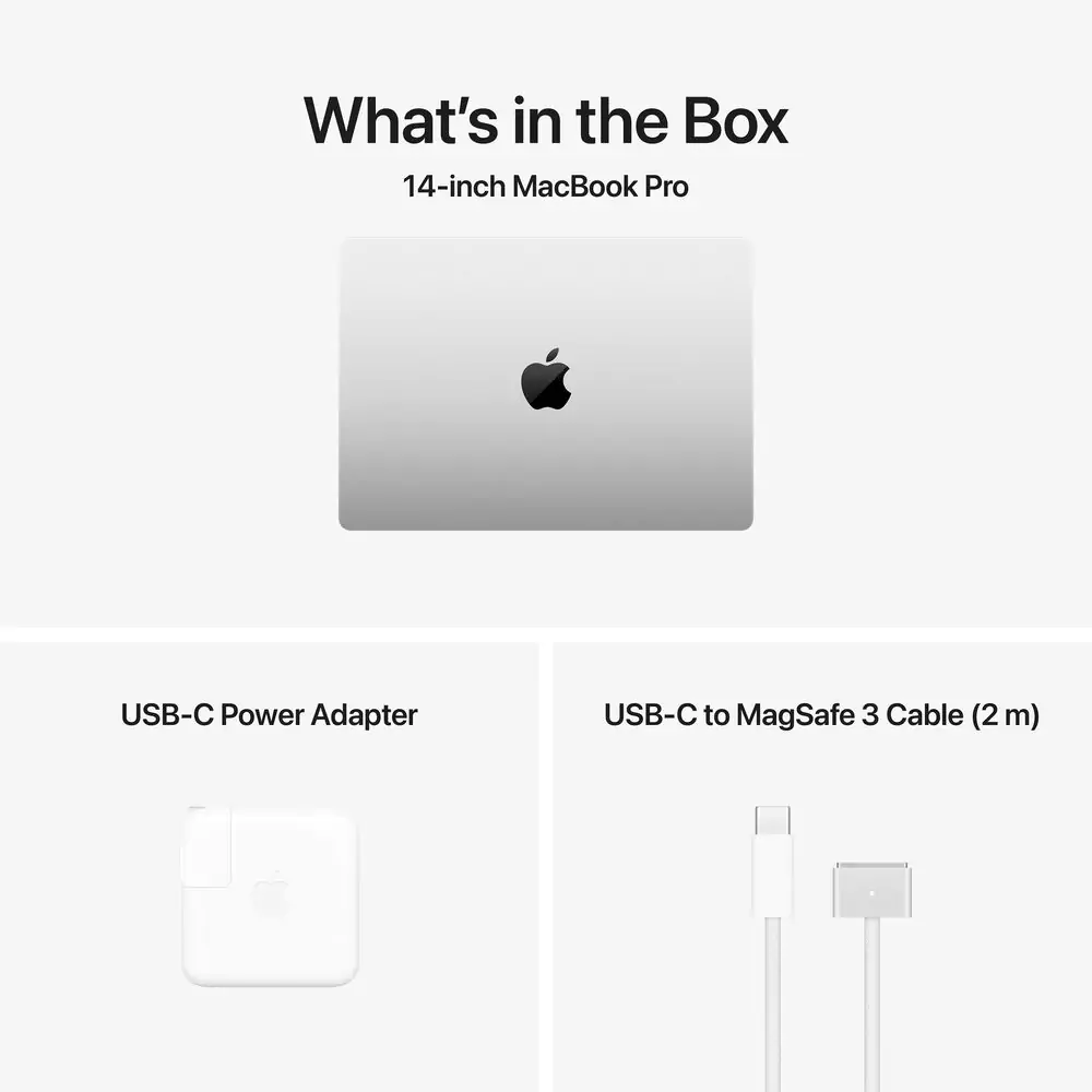 Комплектация MacBook Pro 14: ноутбук, адаптер 70 Вт и кабель MagSafe 3
