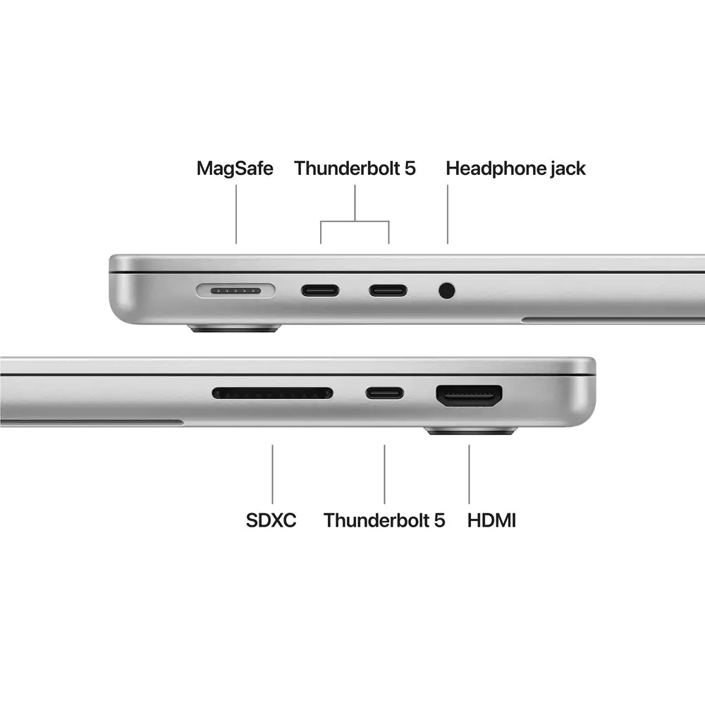 Порты MacBook Pro 14 M5 Pro: 3× Thunderbolt 5, HDMI, SDXC, MagSafe 3, 3,5 мм