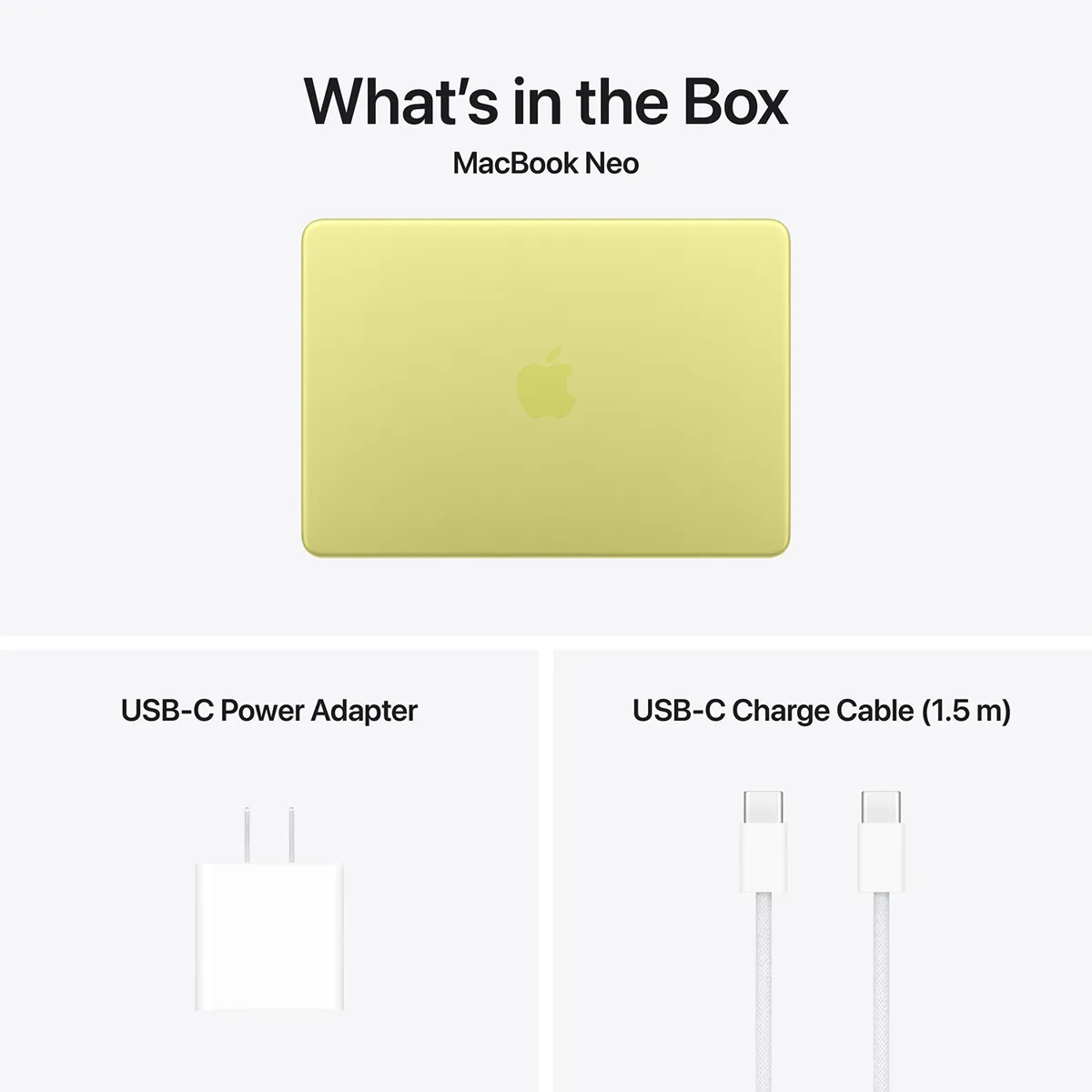 Комплектация MacBook Neo Citrus: ноутбук, адаптер 20 Вт и кабель USB-C