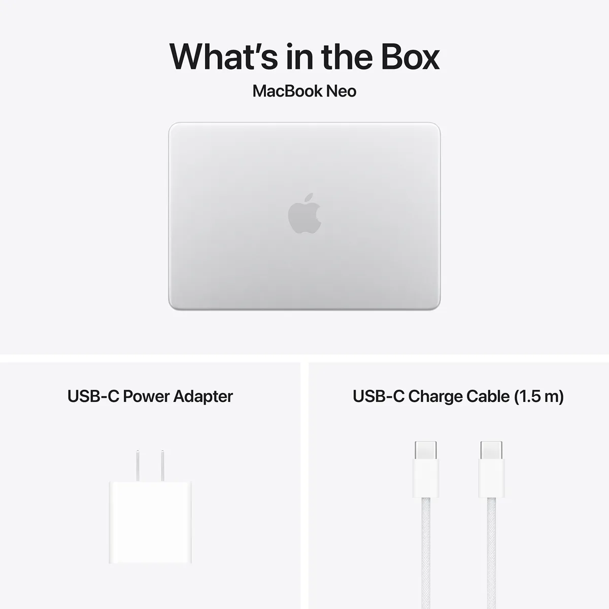 Комплектация MacBook Neo Silver: ноутбук, адаптер 20 Вт и кабель USB-C
