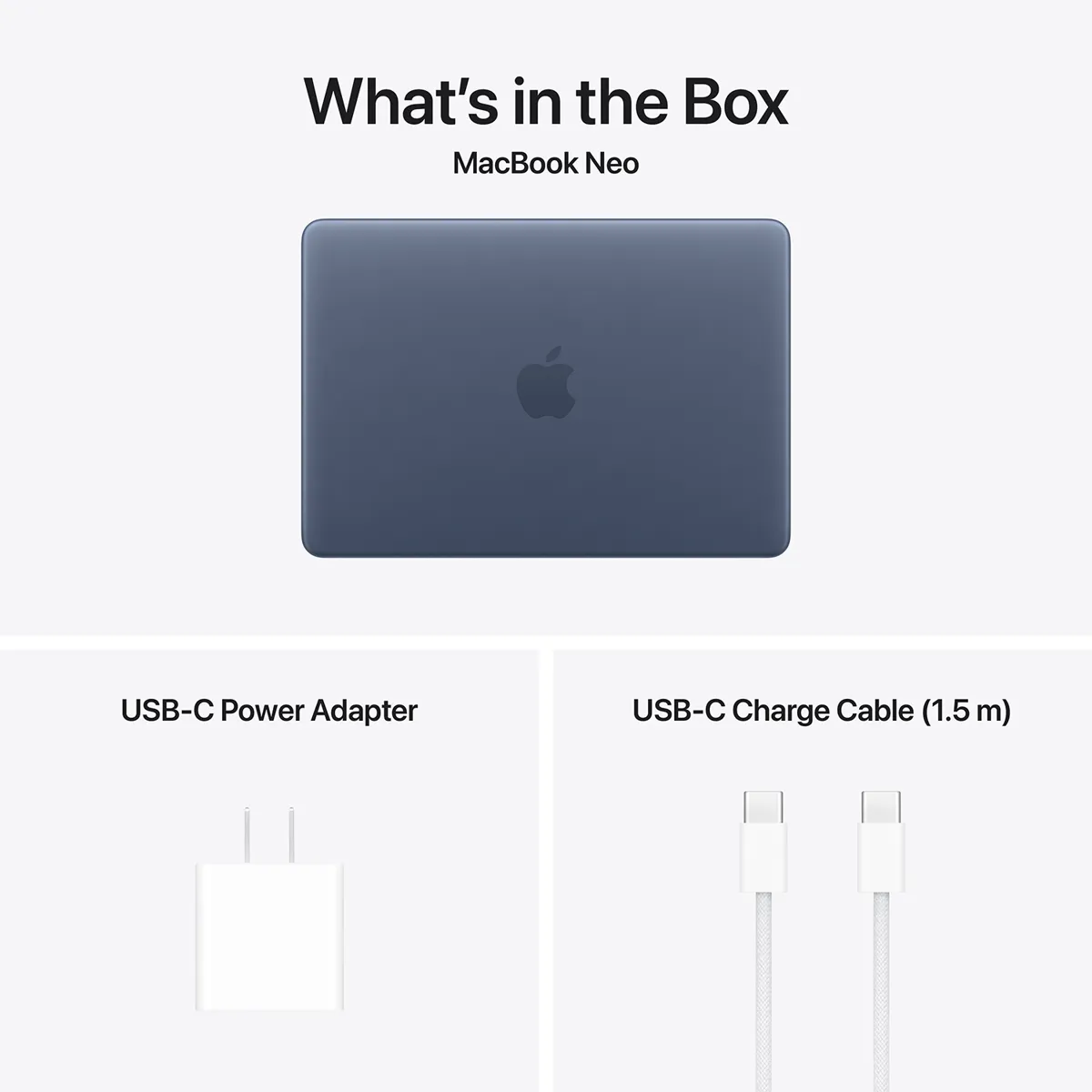 Комплектация MacBook Neo: ноутбук, адаптер 20 Вт и кабель USB-C