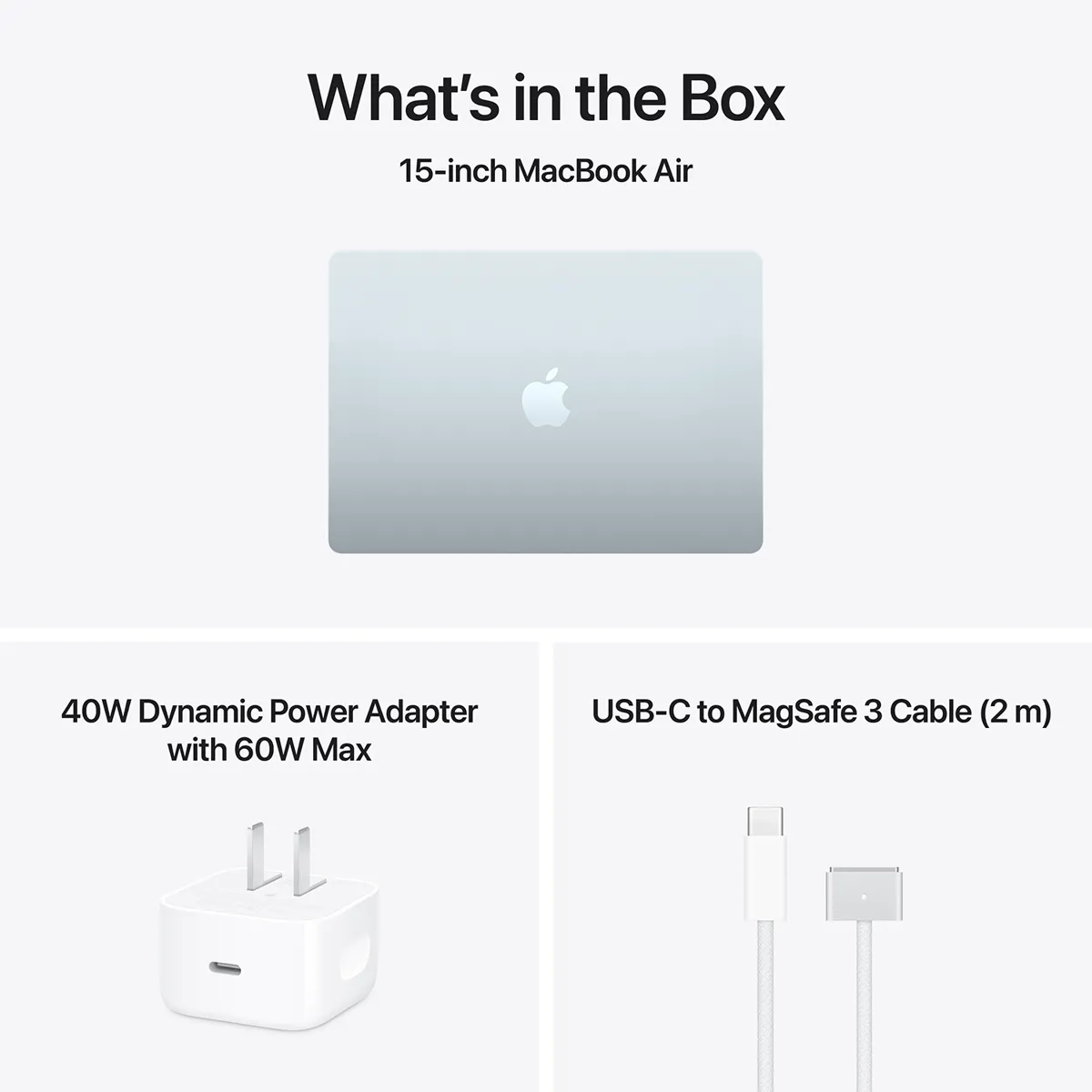 Комплектация MacBook Air 15: ноутбук, адаптер 40 Вт и кабель MagSafe 3