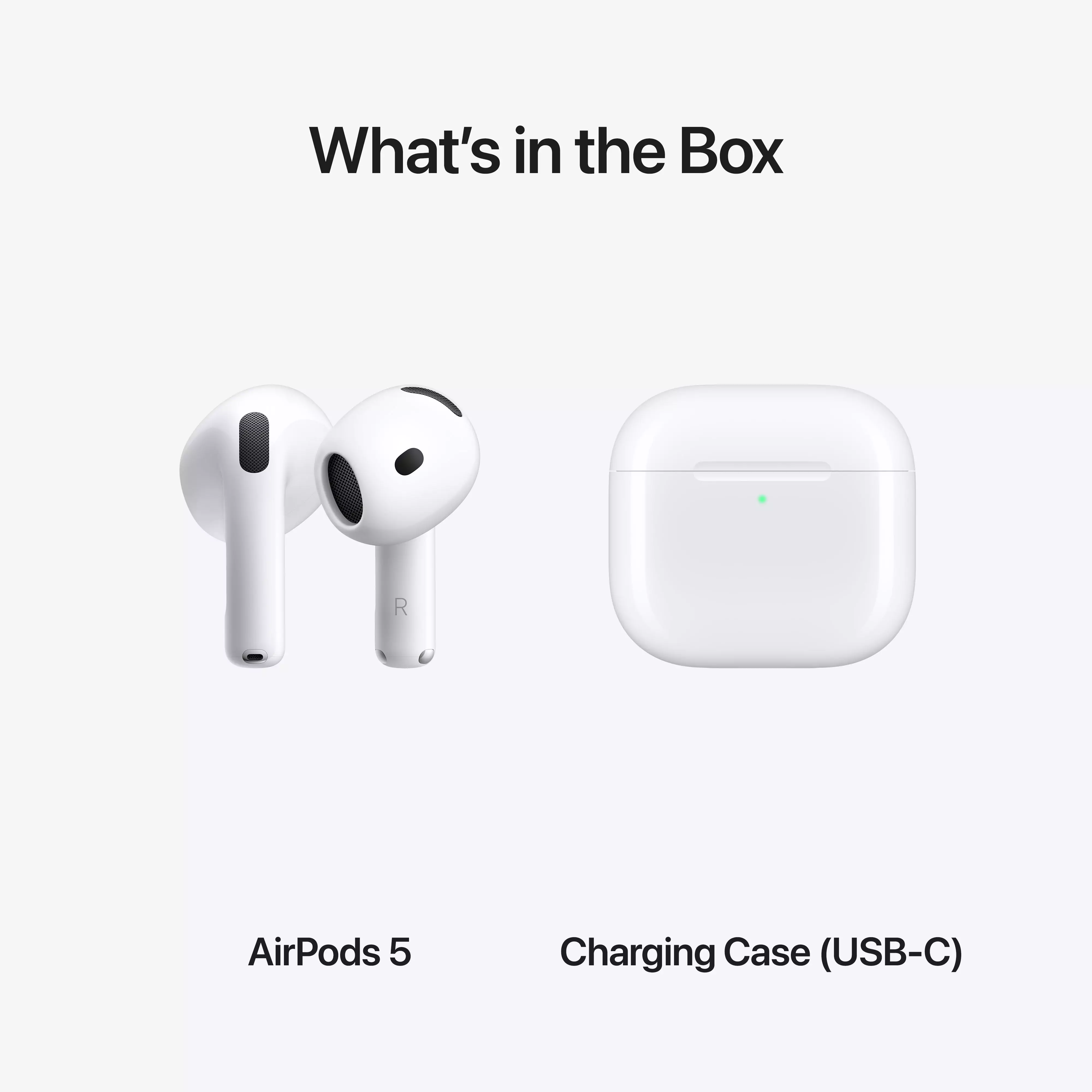 Комплект AirPods 5: наушники, зарядный кейс USB-C, документация